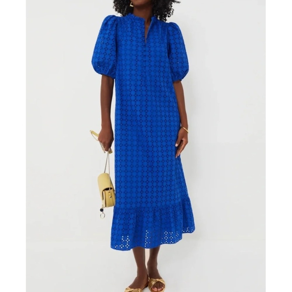 Hyacinth House Tryall Eyelet Midi Dress Blue Puff Sleeve Cottagecore Size XS